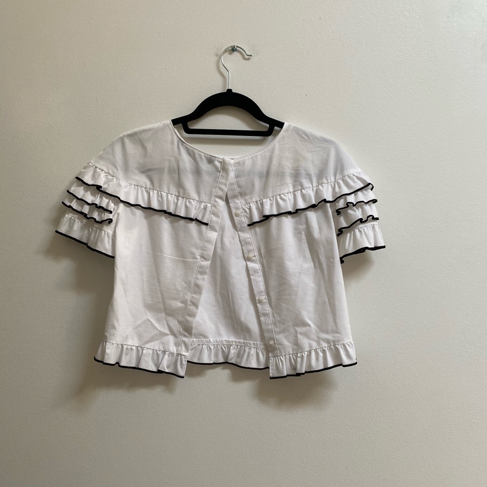 Zara Ruffle Trim Button Back Poplin Shirt XS - Picture 3 of 5